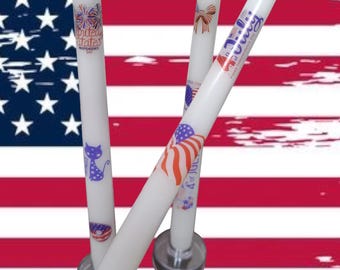 Patriottische taps toelopende kaarsen / Set van 4 juli-kaarsen / Kaarsen met patriottisch decor / Independence Day-kaarsen / I love USA-kaarsen
