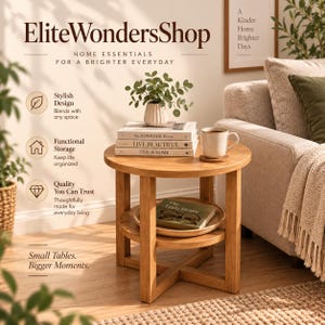 May include: A round light-brown wooden side table with a lower shelf, featuring a stack of three books titled The Kinfolk Home, Live Beautiful, and This Is Home, topped with a small potted plant and a ceramic mug on a wooden coaster.