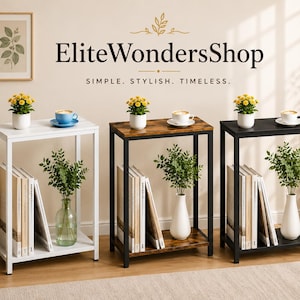 May include: Three rectangular side tables with metal frames in white, black, and wood-grain finishes. Each table features a top shelf and a bottom shelf, displaying books, potted yellow flowers, and white or blue cups on the top surfaces.