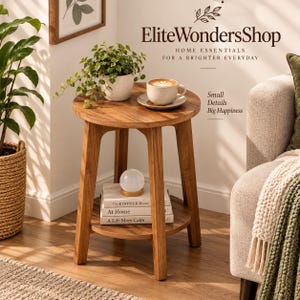 May include: A round wooden side table with three legs and a lower shelf. The table holds a potted green plant, a ceramic coffee cup on a saucer, and a stack of three books topped with a small spherical light. Text reads EliteWondersShop.