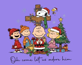 May include: A purple background features a Christmas-themed illustration of the Peanuts gang. Charlie Brown and friends are gathered around a cross and Christmas tree. Snoopy and Woodstock are also present. The text "Oh come let us adore him" is written below.