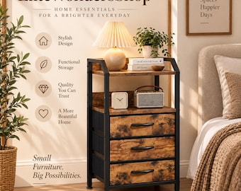 3 Drawer Bedside Table, Rustic Nightstand with Fabric Storage, Wooden Bedside Cabinet for Bedroom