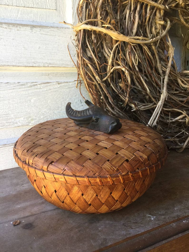 Unique Rustic Vintage Basket With Hand Carved Wood Bull Etsy