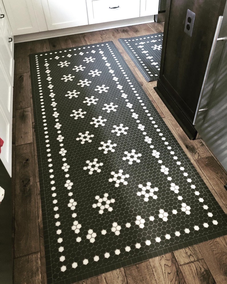 Vintage Mosaic Vinyl Floorcloth Runner Two Sizes Two Primary Etsy