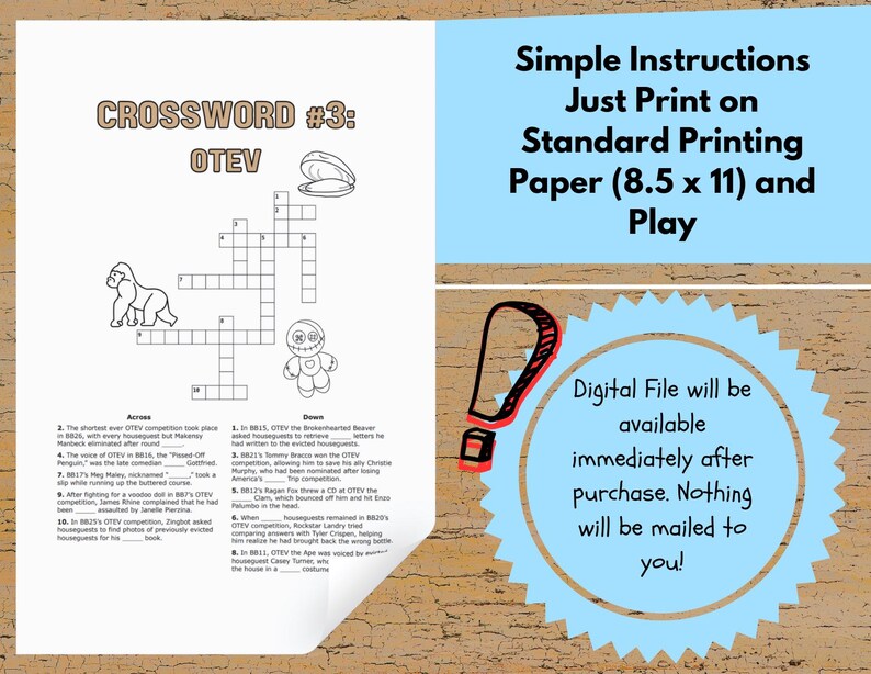 Big Brother Crossword Puzzles Printable TV Show Fan Game Instant Big Brother Crossword Puzzles Printable TV Show Fan Game Instant