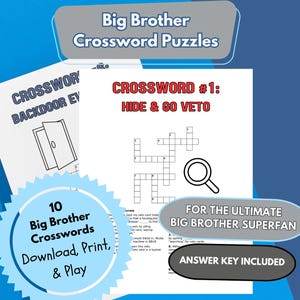 Big Brother Crossword Puzzles - Printable TV Show Fan Game, Instant Download for Reality TV Fans, Julie Chen Inspired Party Activity