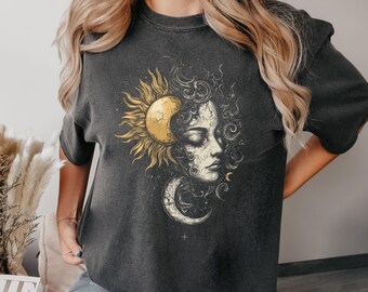 Celestial Sun and Moon Face T-Shirt | Boho Yin Yang Tee