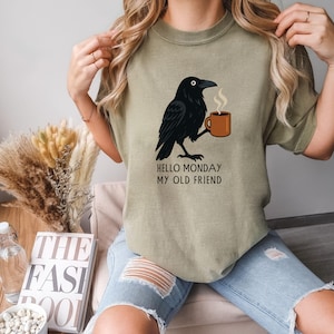 Raven Crow Hello Monday Shirt| Coffee and Crow Halloween Shirt| Asthetic Gothic Tee|Funny Raven Shirt|Witchy Asthetic Shirt|Halloween Gift