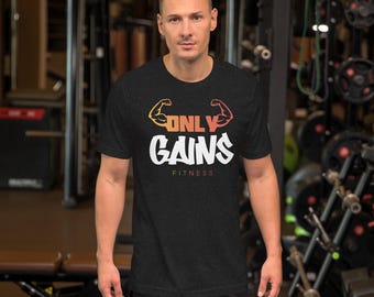 ONLY Gains Fitness T-Shirt, lustiges Fitnessstudio T-Shirt, Gewichtheber Geschenk, Bodypainting Grafik T-Shirt, Workout Motivation Shirt, sarkastisches Fitnessstudio Top
