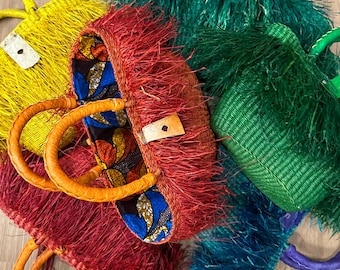 Colorful Beach Bag, Raffia Fringe Tote, Woven Basket Purse, Vacation Bag, Statement Bag, Rattan Summer Tote, Wicker Basket Bag