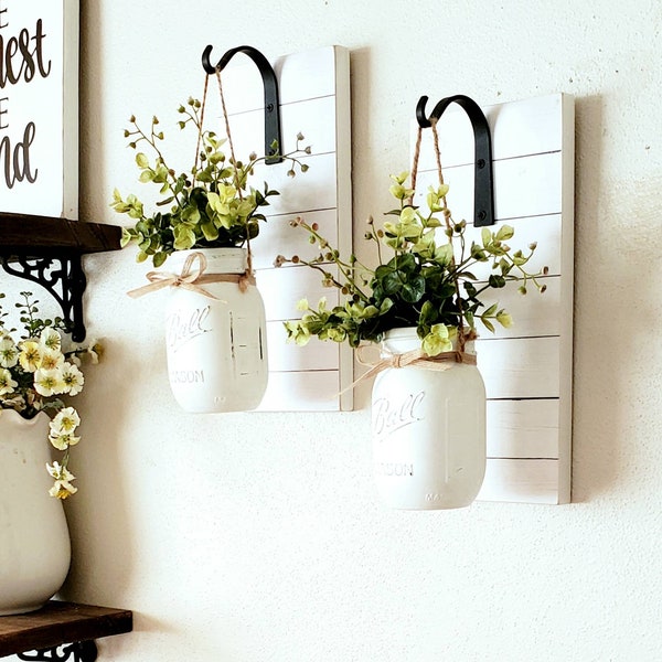 Mason Jar Sconces with Eucalyptus: Farmhouse Faux Shiplap Wall Decor (Set of Two)