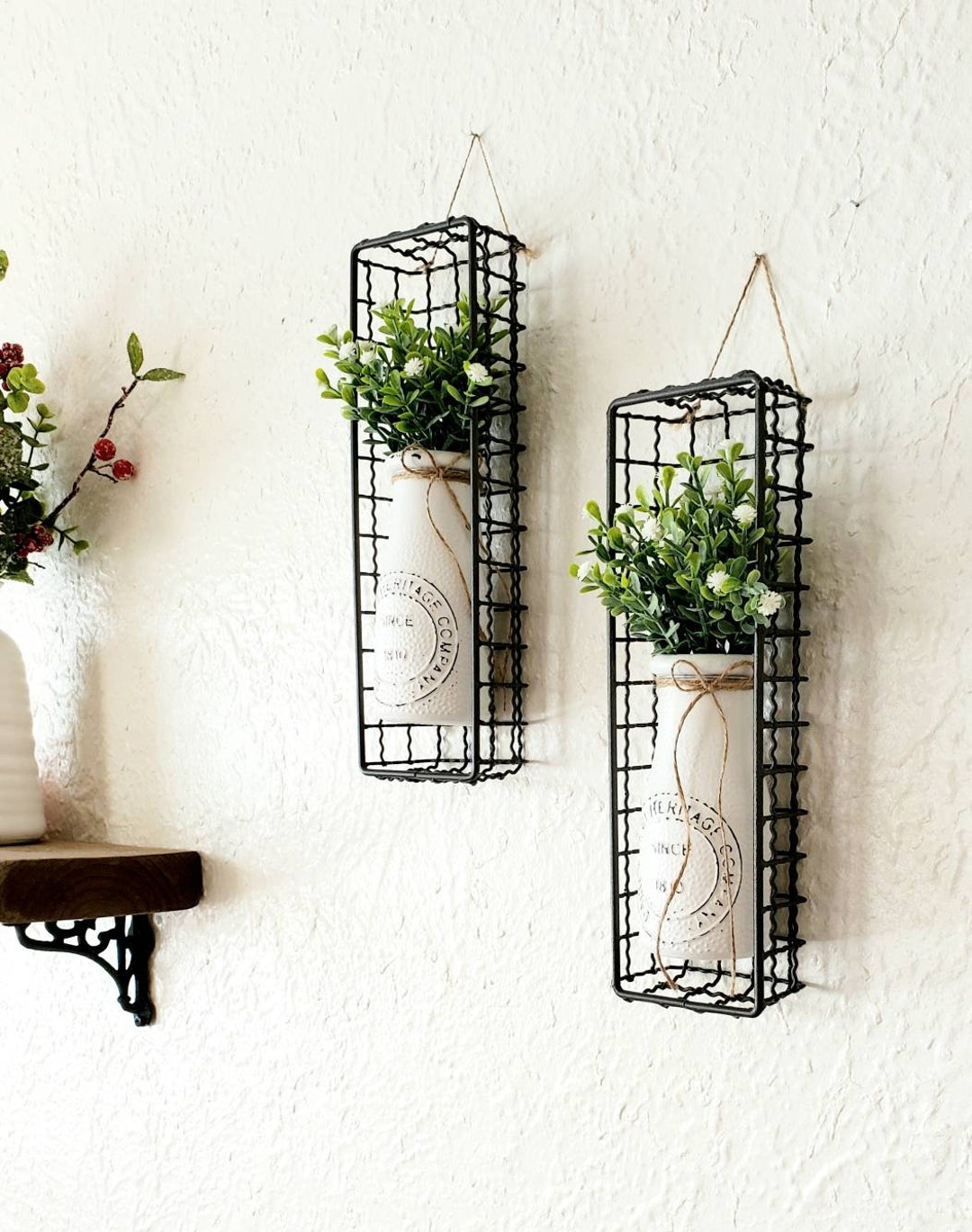 Chic Farmhouse Kitchen Wall Sconces. 2 Hanging White Vintage Milk Bottles Grey Wire Baskets With