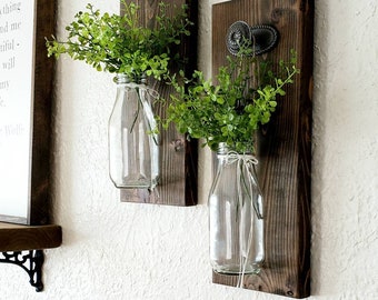 NEW. 2 Farmhouse Kitchen Wall Sconces. Stained boards with glass bottles.  Antique pewter knobs. Leaf greens.  Country Farmhouse Decor