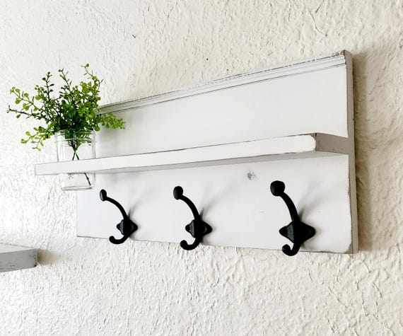 Distressed Farmhouse Coat Rack Shelf: Painted Pine With Mason Jar