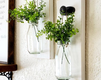 NEW. 2 Farmhouse Kitchen Wall Sconces. White washed boards with glass bottles.  Antique pewter knobs. Leaf greens.  Country Farmhouse Decor