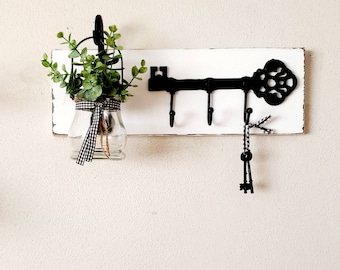 Country Cottage Farmhouse Key Shelf, Skeleton Key Hooks, Chic Farmhouse Wall Decor, Organizer, Hanging Jar with Eucalyptus