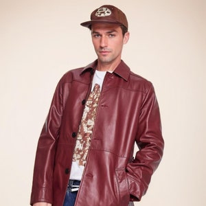 Men&#39;s Burgundy Faux Leather Coat | Slim Fit Button-Down Jacket for Fall & Winter | Stylish Casual Outerwear | Trendy Vintage-Inspired Coat