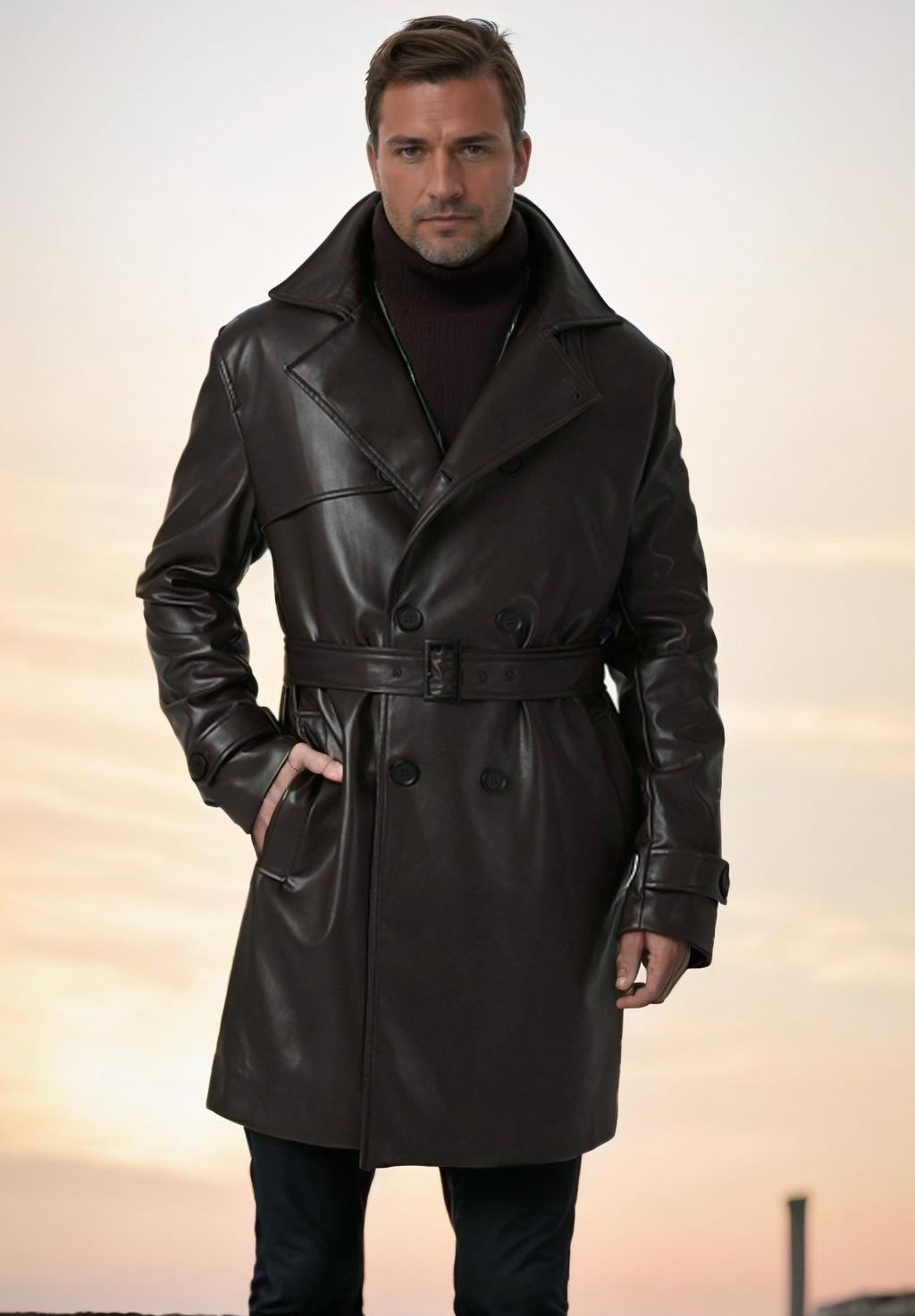 Men's Dark Brown Leather Trench Coat | Double-breasted Long Winter