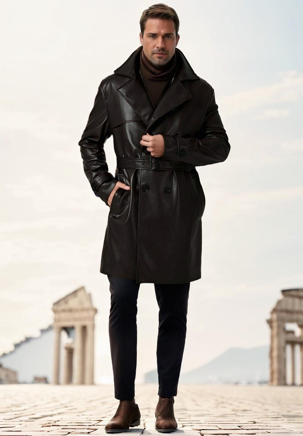 Men's Dark Brown Leather Trench Coat | Double-breasted Long Winter