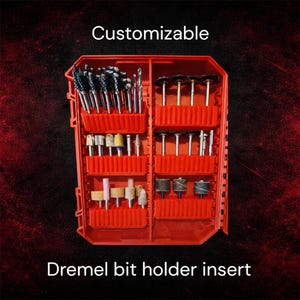 May include: Red Dremel bit holder insert with various rotary tool bits. The insert is divided into sections to hold different types of bits, including drill bits, grinding stones, and polishing wheels. The word "Customizable" is at the top.