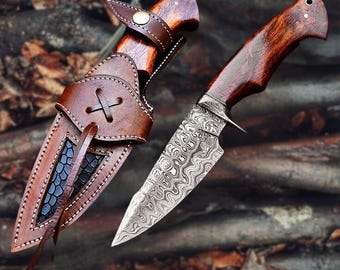 Handmade Damascus Steel Bowie Knife: Rosewood Handle, Leather Sheath