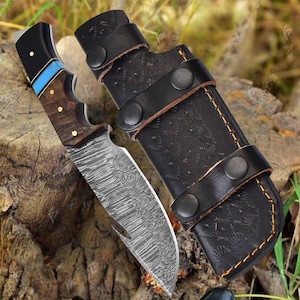 Handmade Damascus Steel Hunting Knife With Leather Sheath Camping Knife Hunting Knife Outdoor Gift for Him Adventure Gift For Husband