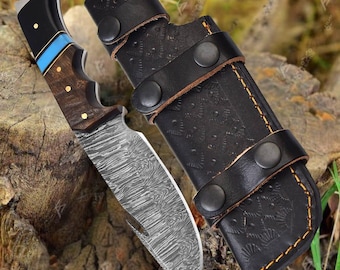 Handmade Damascus Steel Hunting Knife with Rosewood Handle & Leather Sheath