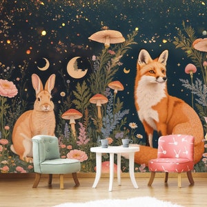 Cute Mystic Forest Mural: Removable Fox & Rabbit Peel and Stick Design for Kids' Room Decor, Elegant Traditional Wall Art