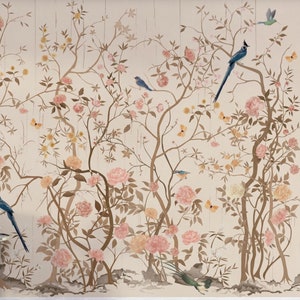 Carta da parati Chinoiserie, rimovibile beige Peel and Stick Floral Design, elegante arte murale con uccelli e fiori per la decorazione della casa