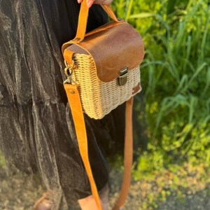 Luxury Bali Crossbody Rattan Straw Bag,Handmade wicker bucket purse, gift for her, christmas gifts,Hand woven,Stylish Wicker Messenger Purse
