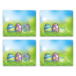 May include: Four Easter-themed scratch-off cards with a blue and green background. Each card features two colorful eggs and a silver glitter circle with the text "Scratch & Win!" and either "Winner!" or "Sorry!"