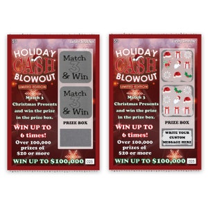 May include: Two holiday-themed lottery scratch-off tickets. The tickets feature the text "Holiday Cash Blowout" and "Match 3 & Win." The tickets have Christmas-themed graphics and the text "Win up to $100,000."