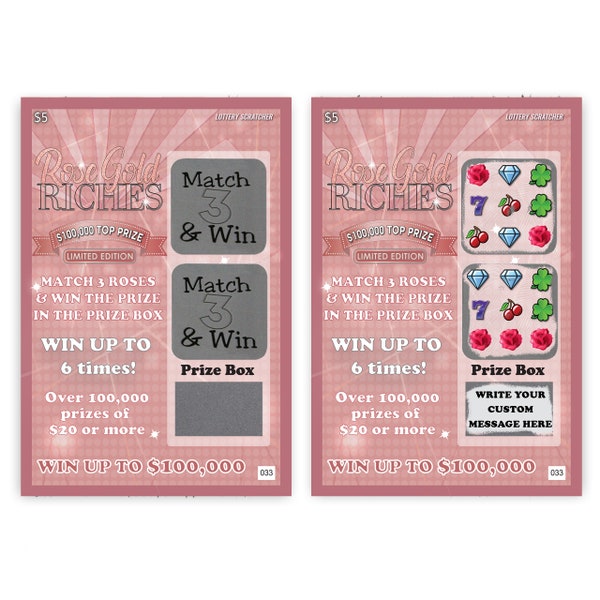 CUSTOM Rose Gold Riches Fake Lotto Lottery Scratch Off 1 Ticket 4"x6" Pregnancy Announcement Surprise Trip Gender Reveal Proposal