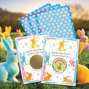 May include: Easter-themed scratch-off cards with a blue background dotted with pastel-colored eggs. The cards feature illustrations of colorful bunnies and the text "Help the Easter Bunnies find the Golden Egg". One card reveals a golden egg with the word "WINNER!"