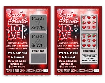 CUSTOM Sweethearts Love to Win Fake Lotto Replica Scratch Off Ticket 4"x6" 1 Card Date Night Couple Surprise Valentine's Day  Heart's Day