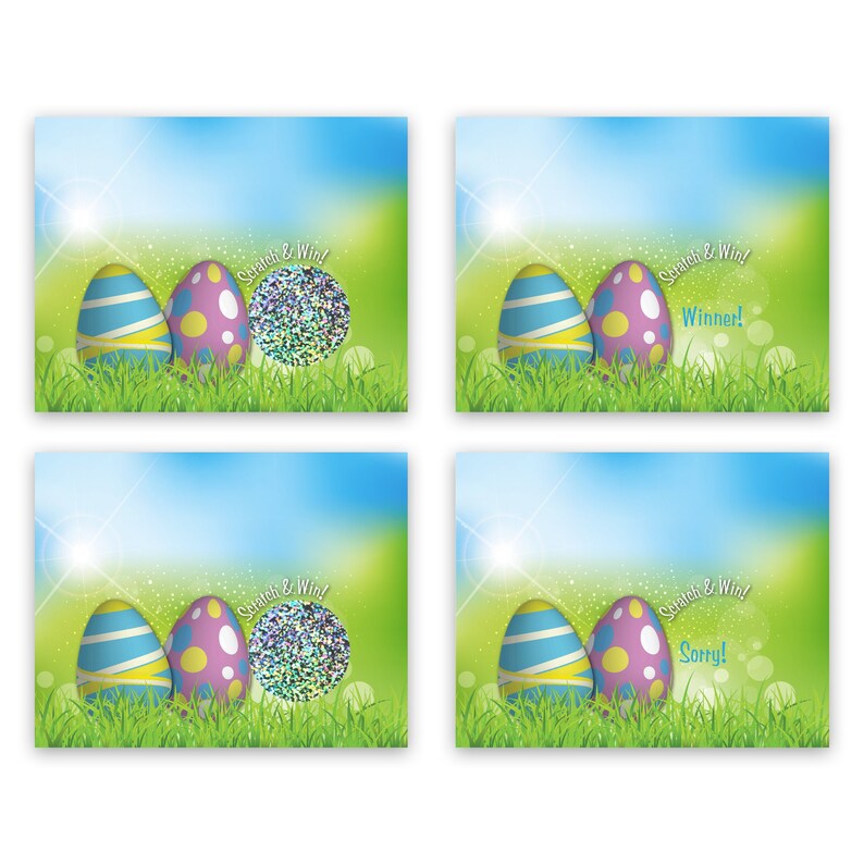 May include: Four Easter-themed scratch-off cards with a blue and green background. Each card features two colorful eggs and a silver glitter circle with the text "Scratch & Win!" and either "Winner!" or "Sorry!"