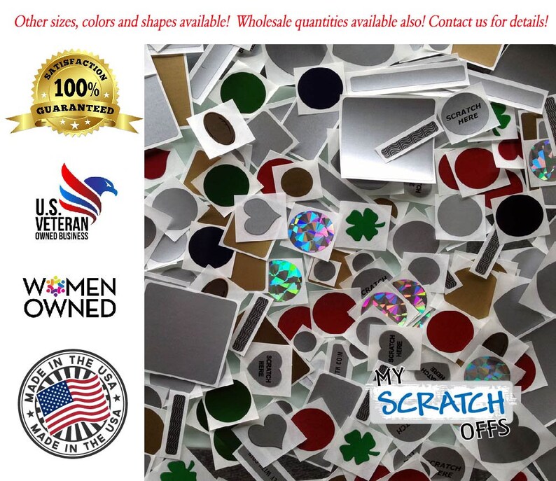 May include: Assortment of colorful scratch off stickers with various shapes, including circles, hearts, clovers, and stars. The stickers are silver, gold, red, green, and blue. The text "MY SCRATCH OFFS" is printed on the stickers.