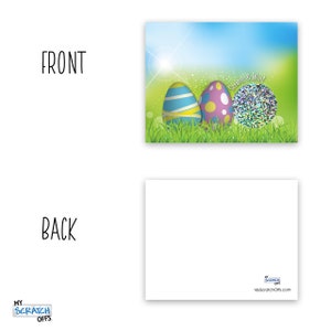 May include: A blue and yellow Easter egg, a purple and yellow Easter egg, and a silver glitter scratch-off card with the text "Scratch & Win" on a green grassy background with a blue sky.