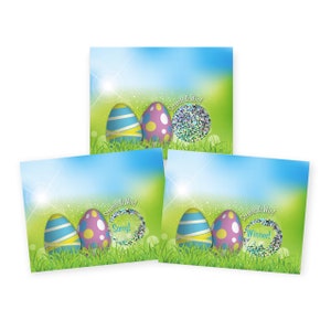 May include: Three Easter-themed scratch-off cards with a blue, green, and yellow background. Each card features two colorful eggs and a circular scratch-off area with the text "Scratch & Win!" and a message that says "Sorry!" or "Winner!"