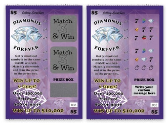 CUSTOM Purple Diamond's Forever Scratch Off Ticket Fake Gag Gift Lotto Lottery Replica Card Looks Feels Authentic 4″ x 6″ Proposal
