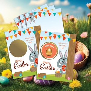 May include: Easter-themed scratch-off cards with a bunny design. The cards feature the text "Happy Easter" and "Will you find the Golden Egg?" One card has a "Winner!" badge with a golden egg. Colorful bunting and Easter eggs are also visible.