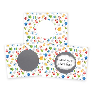 May include: Three white cards with a colorful cleaning supplies pattern. Each card has a circle in the center. One circle is blank, one has a gray background, and one has a gray background with the text "Write your chore here".