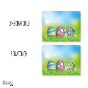 May include: Two colorful Easter eggs with a scratch-off area that says "Scratch & Win!" and reveals "Winner!" when scratched. The eggs are on a green grassy background with a blue sky.