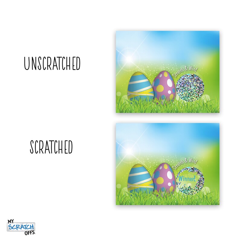 May include: Two colorful Easter eggs with a scratch-off area that says "Scratch & Win!" and reveals "Winner!" when scratched. The eggs are on a green grassy background with a blue sky.