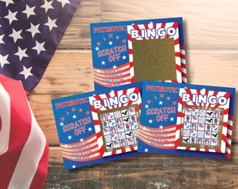 Patriotic Bingo Scratch Off Game Card July 4th Fourth Of July Independence Day Family Game Event Promotion 26 Cards| 24 Non-Bingo/2 Bingo