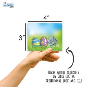 May include: A 3x4 inch scratch off card with a blue, green, and purple Easter egg design. The card has a glossy finish and says "Scratch & Win!" in white text.