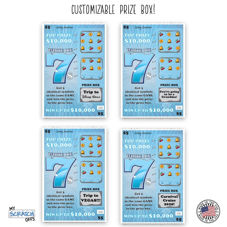 CUSTOM Blue White Ice 7s Fake Lotto Replica Scratch Off Ticket 4x6 One Card Pregnancy Announcement Grandparents Baby Gender Reveal Proposal image 3