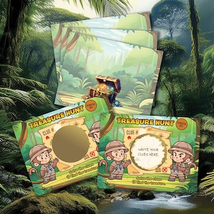 May include: A stack of treasure hunt cards with a jungle theme. The cards feature illustrations of a treasure chest, monkeys, and the text "Treasure Hunt." One card has a scratch-off circle, and another has a space to write clues.