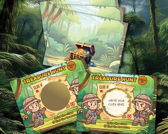 Jungle Treasure Map Scavenger Hunt Scratch Off DIY Kit: Kids Party (20 Cards & Stickers)