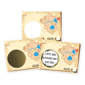May include: Three brown and beige treasure map cards with a circle in the center for a clue. The map has a red line, a blue lake, and a skull and crossbones. The text on the card says "Write your scavenger hunt clue here" and "Clue #".